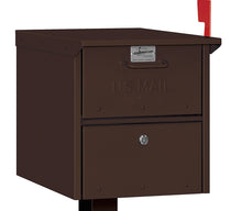 Load image into Gallery viewer, bronze powder coated mailbox with a locking front and read door, a mail depository door on the front with a pull handle and a red flag on the side
