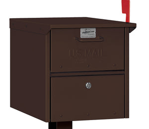 bronze powder coated mailbox with a locking front and read door, a mail depository door on the front with a pull handle and a red flag on the side