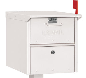 White powder coated mailbox with locking front and rear doors, a mail depository door on the front with a pull handle and a red flag on the side