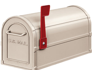 Beige heavy duty aluminum powder coated mailbox with red flag