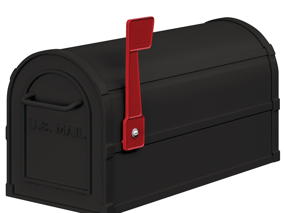 Black heavy duty aluminum powder coated mailbox with red flag