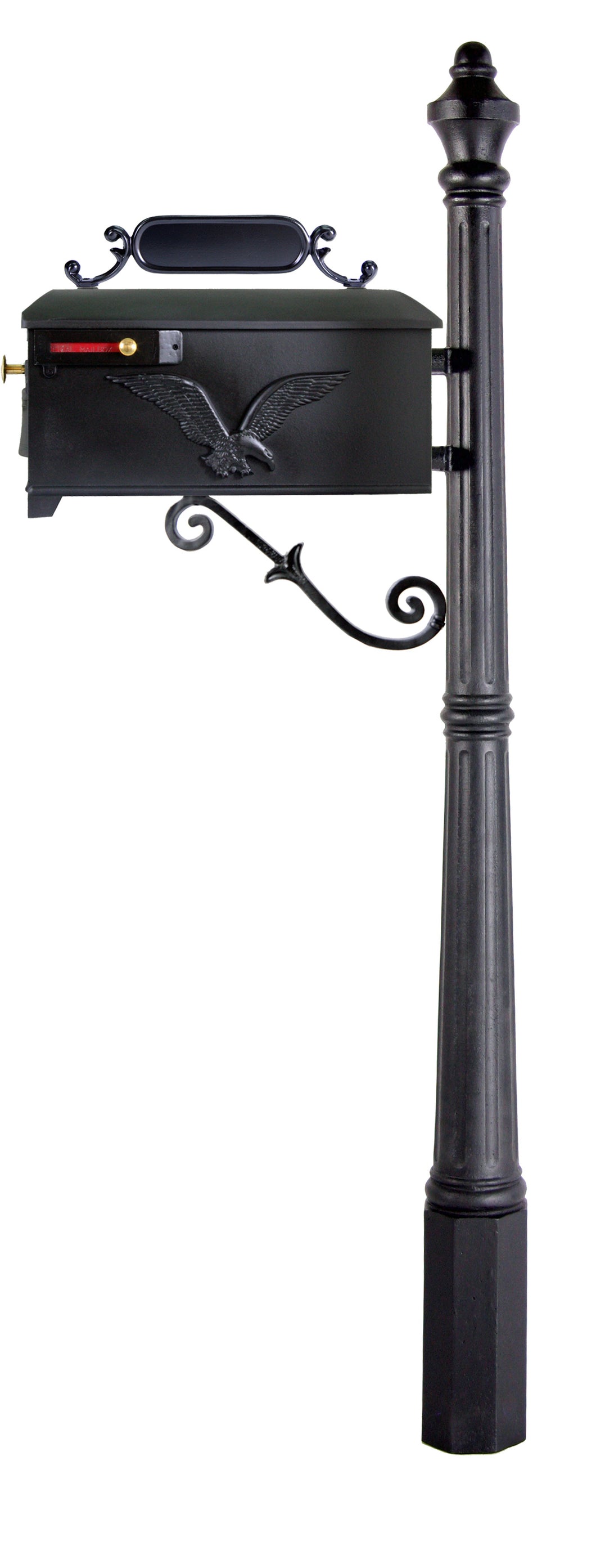 Black imperial Eagle and Bell Mailbox. Simple fluted post, number plate and side red flag.