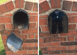 Before and after for Retrofit door in a encased brick mailbox