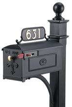 Load image into Gallery viewer, Black Imperial Estate Mailbox and Post. Fleur de Lis on the door with a brass knob and rosette on the side. This includes a red side pull flag. 
