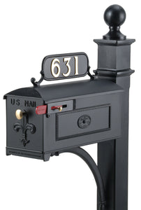 Black Imperial Estate Mailbox and Post. Fleur de Lis on the door with a brass knob and rosette on the side. This includes a red side pull flag. 