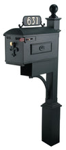 Load image into Gallery viewer, Black Imperial Estate Mailbox and Post. Fleur de Lis on the door with a brass knob and rosette on the side. This includes a red side pull flag. Newspaper holder is attached to the mailbox and post.
