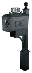 Black Imperial Estate Mailbox and Post. Fleur de Lis on the door with a brass knob and rosette on the side. This includes a red side pull flag. Newspaper holder is attached to the mailbox and post.