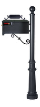 Load image into Gallery viewer, Black imperial mailbox with smooth design, brass knob on the door, and red side flag. The post has a decorative round cap topper and ornate base

