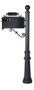 Black imperial mailbox with smooth design, brass knob on the door, and red side flag. The post has a decorative round cap topper and ornate base