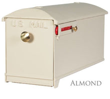 Load image into Gallery viewer, almond imperial mailbox with brass knob and red powder coated slide flag
