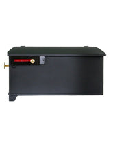 Load image into Gallery viewer, Imperial 0k Black cast aluminum mailbox with smooth side and door. Red flag and small and large brass knobs
