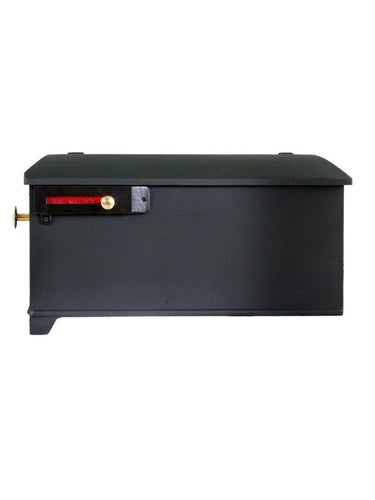 Imperial 0k Black cast aluminum mailbox with smooth side and door. Red flag and small and large brass knobs
