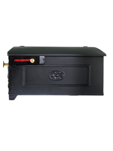 Imperial 1K black cast aluminum mailbox  with Fleur de Lis door,  Red horizontal flag and small and large brass knobs