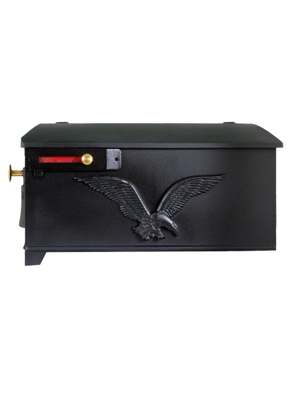 Imperial 4K black cast aluminum mailbox with eagle soaring on the side and liberty bell on the door. A Red flag and small and large brass knobs