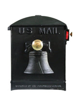 Load image into Gallery viewer, Imperial 4K black cast aluminum mailbox with eagle soaring on the side and liberty bell on the door. a Red flag and small and large brass knobs

