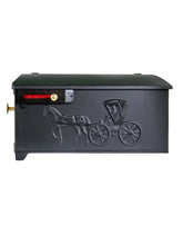 Load image into Gallery viewer, Imperial 7K black cast aluminum mailbox with horse and carriage on the side, Red flag and small and large brass knobs
