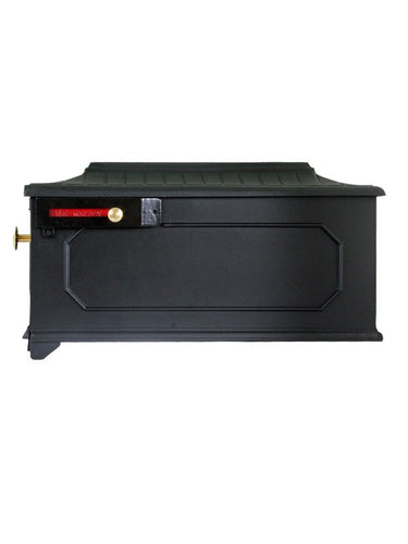 Imperial 8K black cast aluminum mailbox with octagon design on the side and door. Red flag and small and large brass knobs
