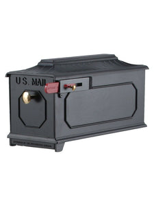 Imperial 8K black cast aluminum mailbox with octagon design on the side and door. Red flag and small and large brass knobs