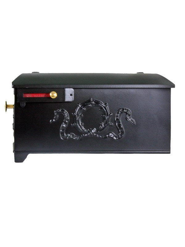 Imperial 9K black cast aluminum mailbox with wreath on the side and door. Red flag and small and large brass knobs