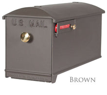 Load image into Gallery viewer, brown imperial mailbox with brass knob and red powder coated slide flag
