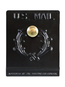 Black replacement door for imperial mailbox #9. Large brass knob with wreath on the front. 