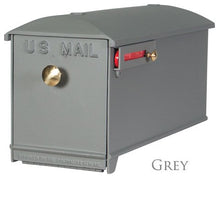 Load image into Gallery viewer, grey imperial mailbox, brass knob, and red powder coated slide flag
