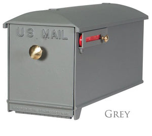 grey imperial mailbox, brass knob, and red powder coated slide flag