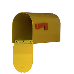 Special lite mid-century yellow rigby mailbox with red side flag. The door is open to allow inside viewing of the box and hinge. 