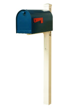 Load image into Gallery viewer, Special lite mid-century rigby modern mailbox and post.  A green powdered coated mailbox  with side red flag. A square ivory post with pyramind finial and black vinyl address numbers on the side
