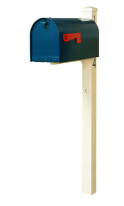 Special lite mid-century rigby modern mailbox and post.  A green powdered coated mailbox  with side red flag. A square ivory post with pyramind finial and black vinyl address numbers on the side
