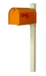 Special lite mid-century Rigby modern mailbox and post.  An Orange powdered coated mailbox  with side red flag. A square ivory post with pyramind finial and black vinyl address numbers on the side