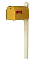 Load image into Gallery viewer, Special lite mid-century Rigby modern mailbox and post.  A Yellow powdered coated mailbox  with side flag. A square ivory post with pyramind finial and black vinyl address numbers on the side
