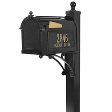 Load image into Gallery viewer, Whitehall black cast aluminum mailbox with custom address plaque on the side in gold letters and gold flag
