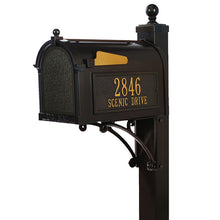 Load image into Gallery viewer, Whitehall bronze cast aluminum mailbox with custom address plaque on the side in gold letters and gold flag
