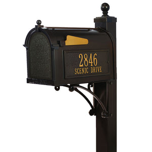 Whitehall bronze cast aluminum mailbox with custom address plaque on the side in gold letters and gold flag