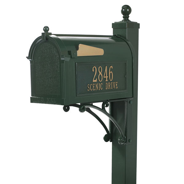 Whitehall green cast aluminum mailbox with custom address plaque on the side in gold letters and gold flag