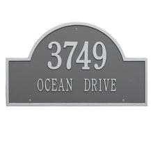 Load image into Gallery viewer, Whitehall Arch Marker two line estate wall mount plaque. The plaque has an arched shape and has pewter lettering and a silver background.
