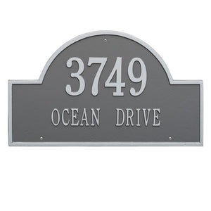 Whitehall Arch Marker two line estate wall mount plaque. The plaque has an arched shape and has pewter lettering and a silver background.