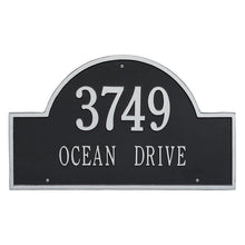 Load image into Gallery viewer, Whitehall Arch Marker two line estate wall mount plaque. The plaque has an arched shape and has silver lettering and a black background.
