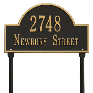 Whitehall Arch Marker two line standard lawn mount plaque. The plaque has an arched shape and comes with in-ground stakes