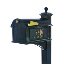 Load image into Gallery viewer, Black powder coated aluminum mailbox with gold flag, custom gold address plate, gold knob on the door, and 4 x 4 black post
