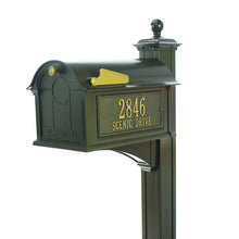Load image into Gallery viewer, Bronze powder coated aluminum mailbox with gold flag, custom gold address plate, gold knob on the door, and 4 x 4 bronze post
