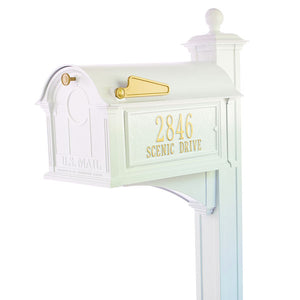 White powder coated aluminum mailbox with gold flag, custom gold address plate, gold knob on the door, and 4 x 4 white post