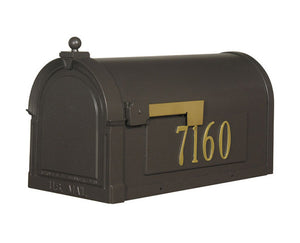 Special lite berkshire curbside mocha mailbox with leather grain door,  stainless steel hinge, and 2 inch brass numbers