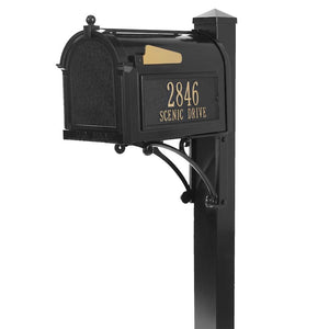 Whitehall black cast aluminum mailbox with custom address plaque on the side in gold letters and gold flag