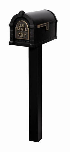 Black keystone fleur de lis mailbox with brass faceplate and corresponding black square post