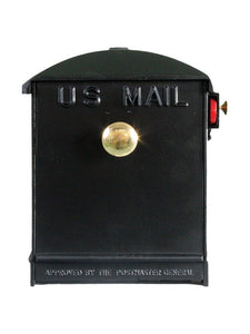 Black imperial smooth mailbox with brass knob on the door and side red flag