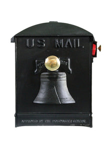 Black imperial mailbox with soaring eagle on the side and bell on the front door. This includes a brass door knob and red side pull flag.