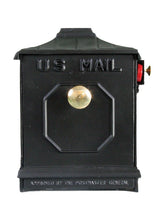 Load image into Gallery viewer, Black imperial geometric design mailbox with brass knob and red slide flag. 
