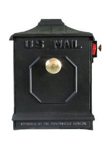 Black imperial geometric design mailbox with brass knob and red slide flag. 